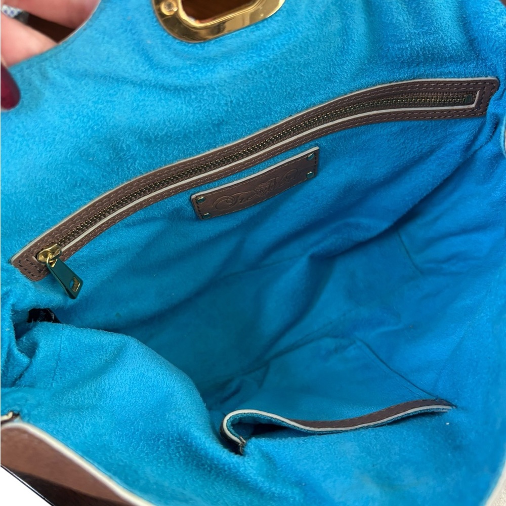 Tre Vero Brown Shoulder Bag with Blue Trim and Gold Turnlock - Picture 5 of 11
